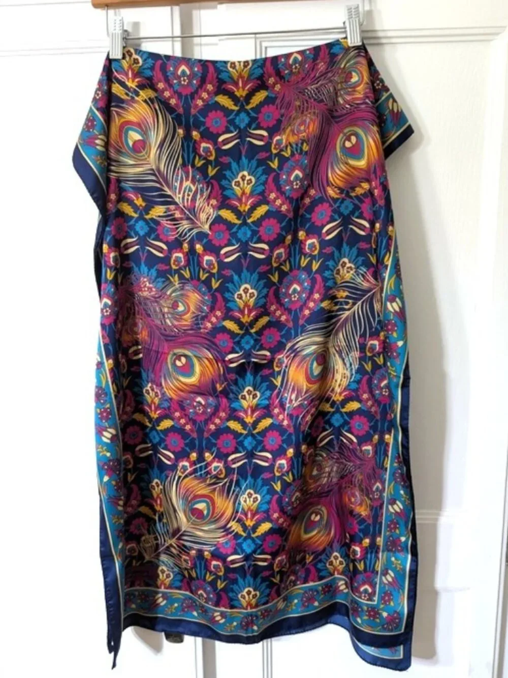 New Bursa Silk Art 100% Silk Peacock Feather Print Rectangle Scarf 64
